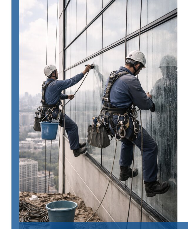 Профессиональная мойка фасадных окон альпинистами в Новосибирске