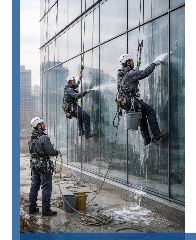 Промышленная мойка панорамных окон на высоте в Новосибирске