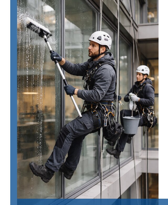 Профессиональная мойка витражей промышленными альпинистами в Новосибирске