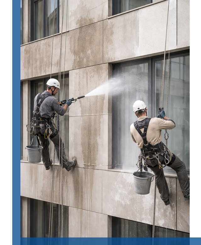 Послестроительная мойка фасада промышленным альпинизмом в Новосибирске