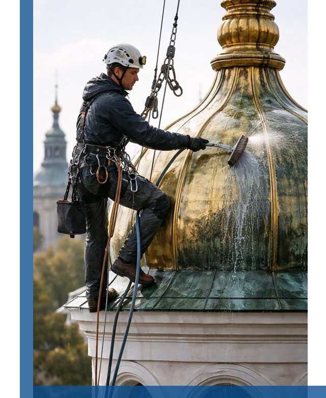 Профессиональная мойка куполов и шпилей высотными альпинистами в Новосибирске