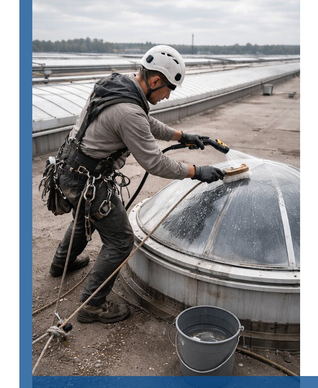 Мойка зенитных фонарей на кровле для промышленных объектов в Новосибирске