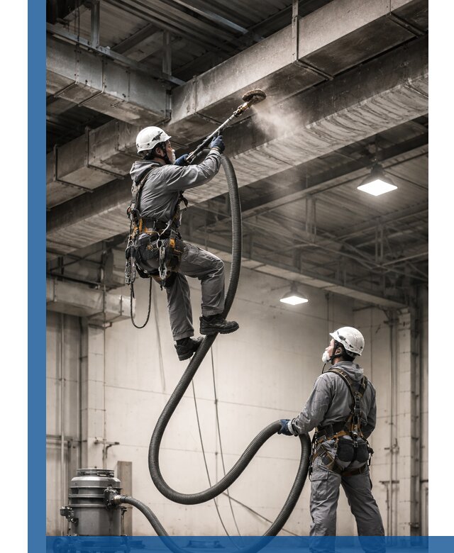 Обеспыливание потолочных конструкций в Новосибирске промышленным альпинизмом