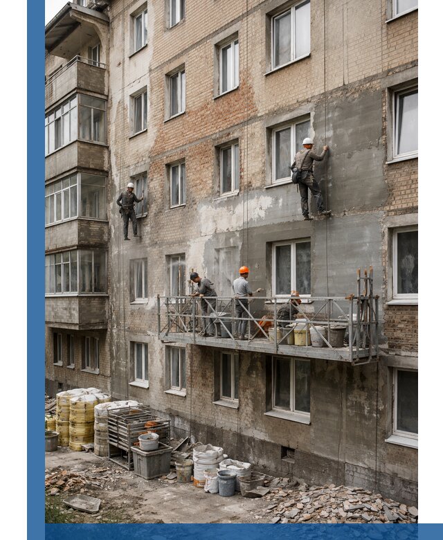 Капитальный ремонт фасада в Новосибирске с восстановлением и гидроизоляцией