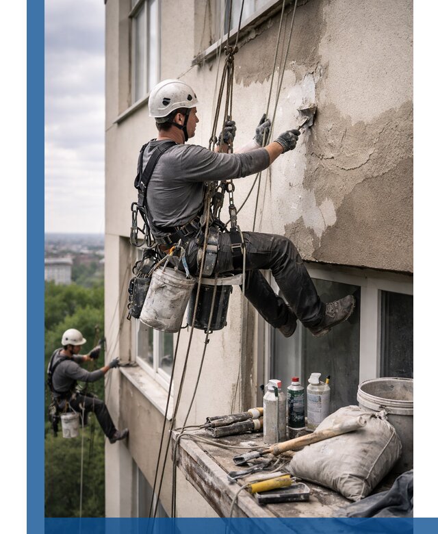 Косметический ремонт фасада зданий в Новосибирске промышленными альпинистами
