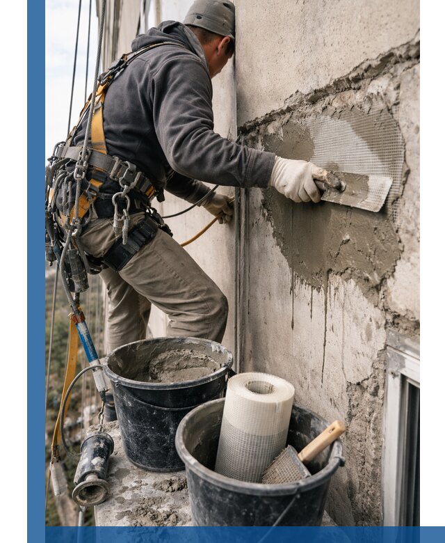 Ремонт бетонных элементов фасада промышленными альпинистами в Новосибирске