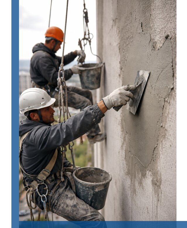 Штукатурка фасада на высоте в Новосибирске профессиональные работы