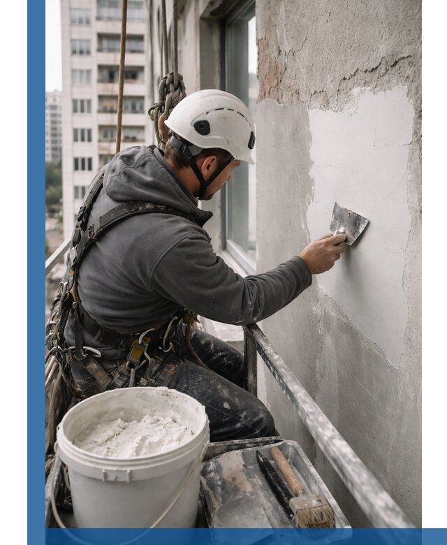 Шпаклевка фасадов на высоте с промальпинистами в Новосибирске