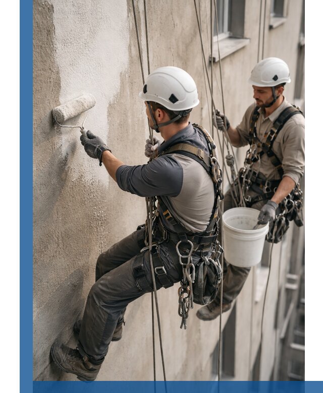 Грунтовка фасада на высоте в Новосибирске промышленными альпинистами