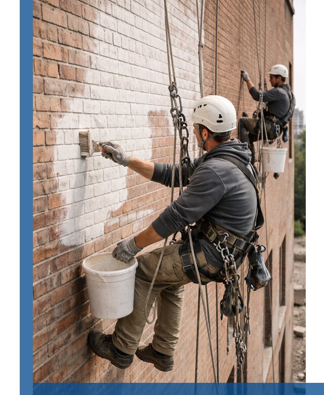 Покраска кирпичного фасада с доступным альпинистским сервисом в Новосибирске