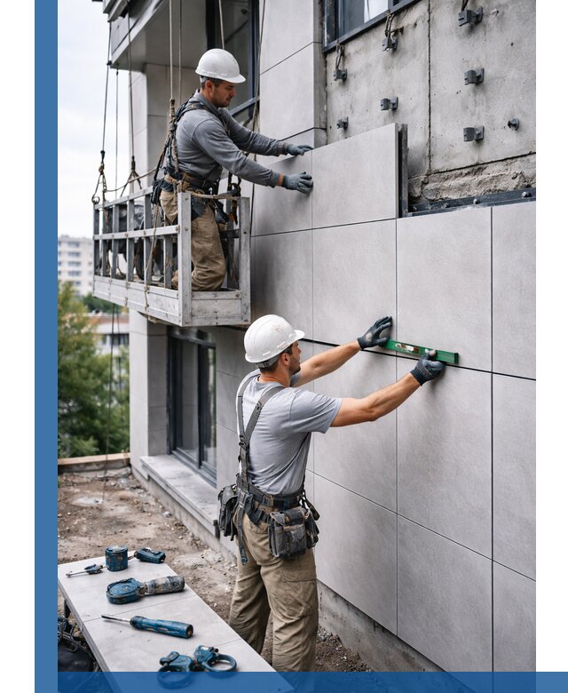 Монтаж керамогранита на фасад в Новосибирске под ключ с гарантией качества