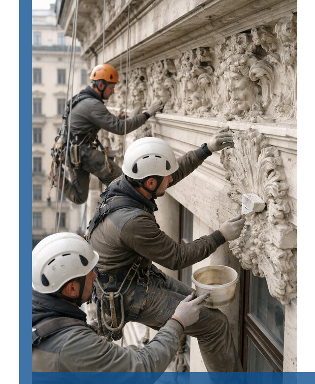 Реставрация фасадной лепнины с высотными работами в Новосибирске