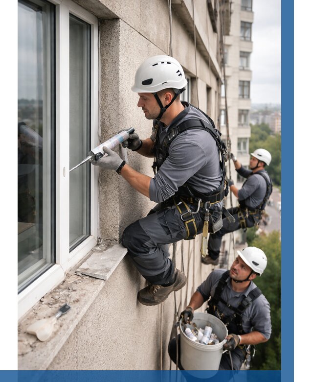 Герметизация оконных швов снаружи в Новосибирске от 1525 р. | ВЫСОТНИК-Нвс