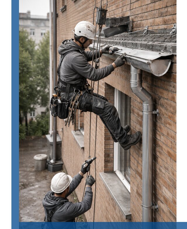 Монтаж водосточной системы на здании в Новосибирске под ключ