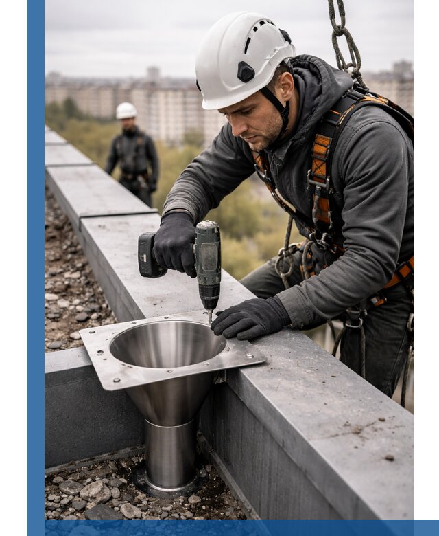 Монтаж водосточных воронок в Новосибирске для промышленных зданий