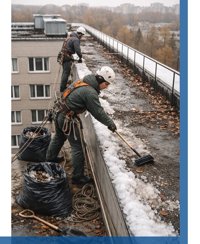 Очистка кровли по периметру в Новосибирске от 559 р. | ВЫСОТНИК-Нвс