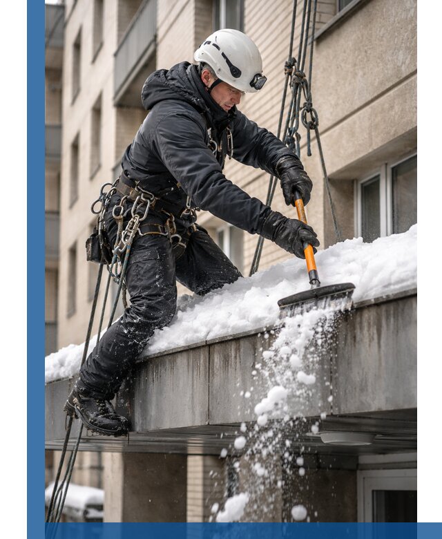 Очистка козырьков от снега в Новосибирске круглогодично безопасно