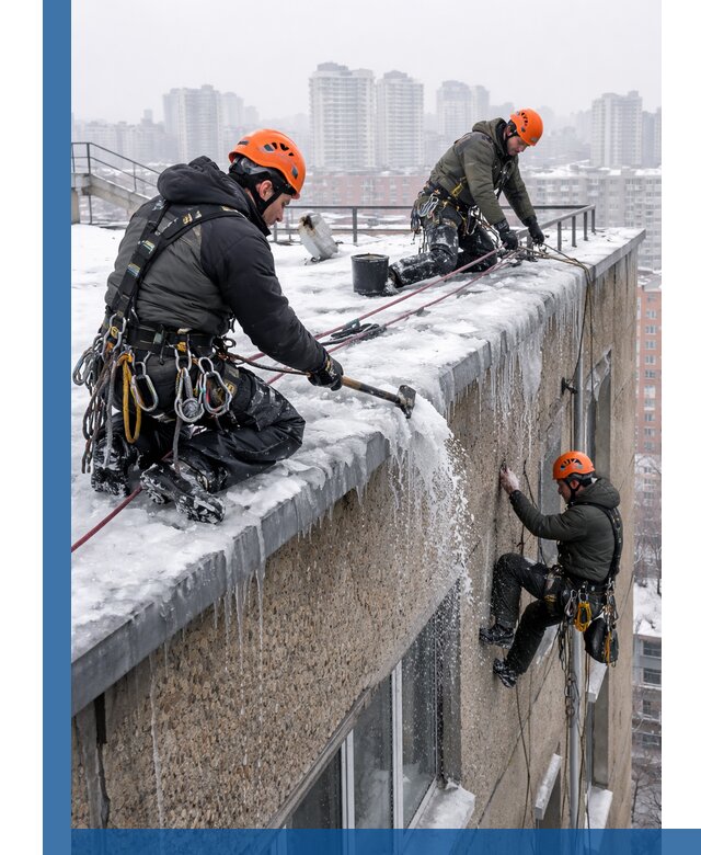 Удаление наледи с кровли в Новосибирске промышленными альпинистами