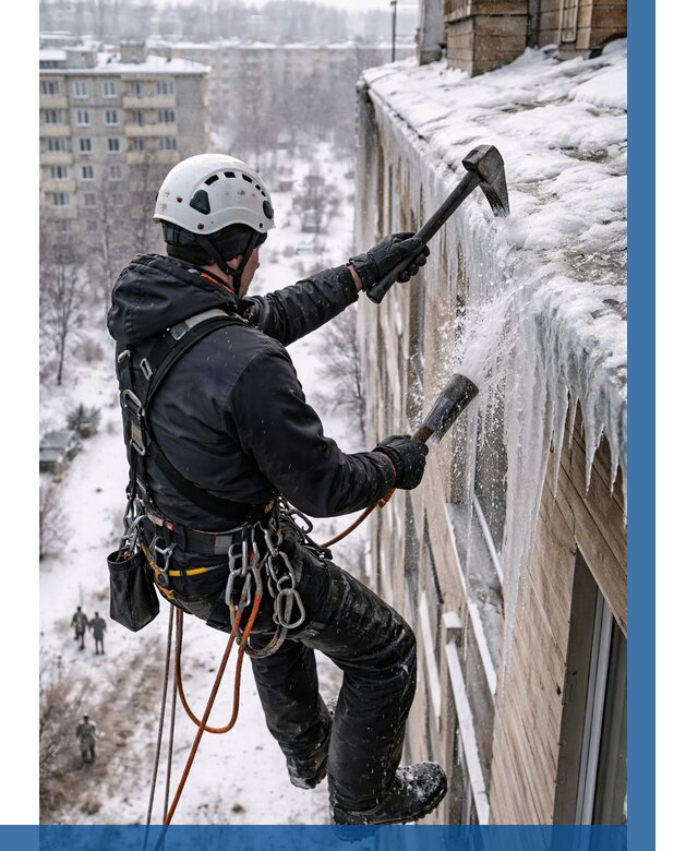 Сбивание сосулек с крыши в Новосибирске по цене от 4575 р. | ВЫСОТНИК-Нвс