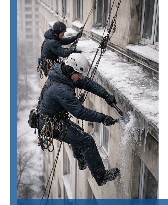 Удаление наледи и сосулек с карнизов в Новосибирске профессионально