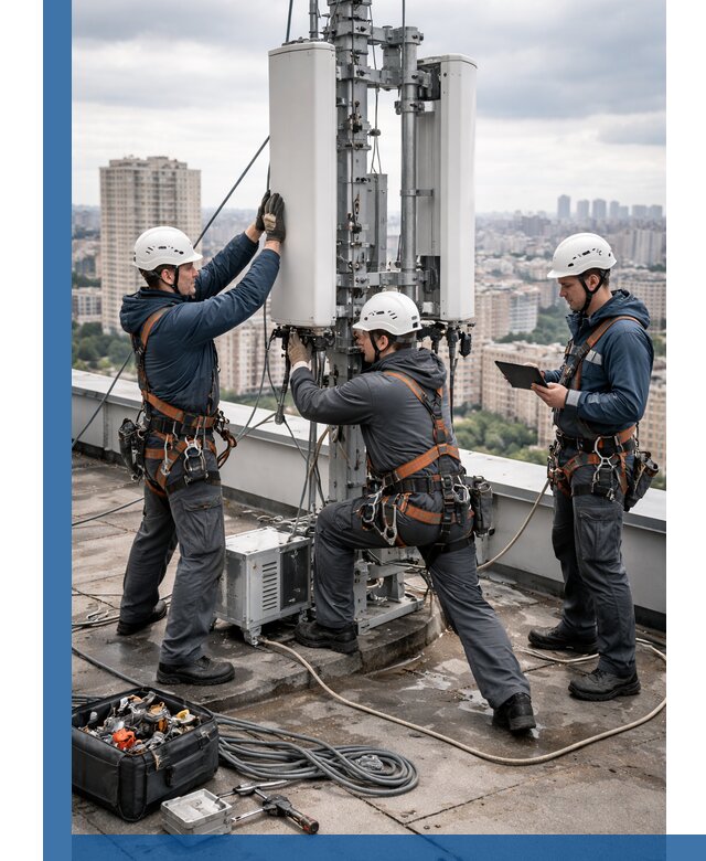 Монтаж антенн связи на крыше в Новосибирске с вводом в эксплуатацию