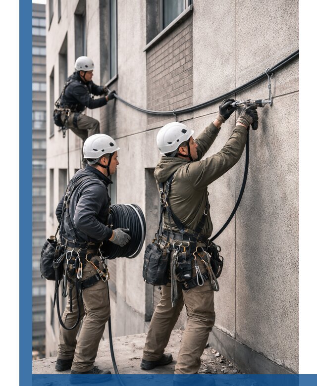 Прокладка кабеля по фасаду в Новосибирске, профессиональный монтаж