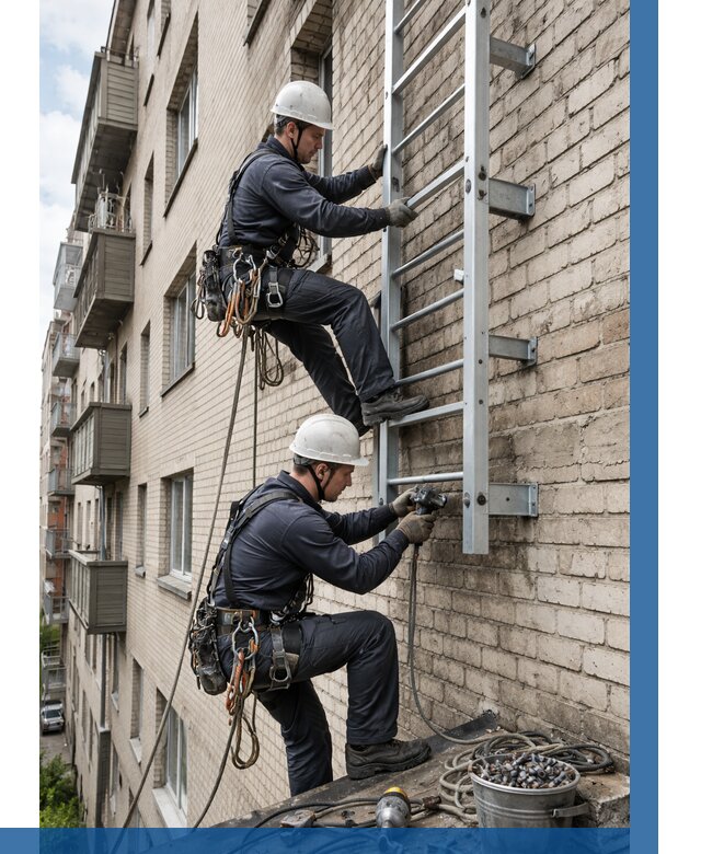 Монтаж пожарной лестницы в Новосибирске от 25415 р заказать у ВЫСОТНИК-Нвс
