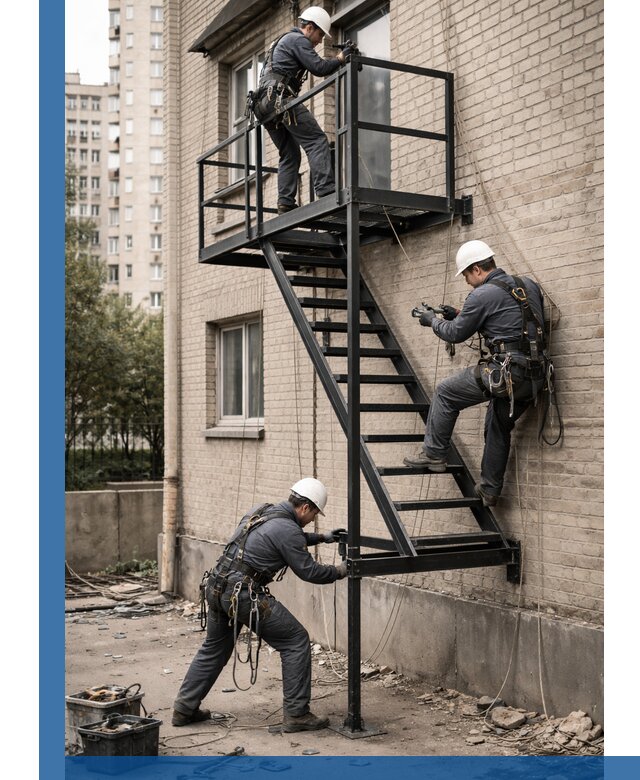 Монтаж пожарной лестницы в Новосибирске, установка и крепление