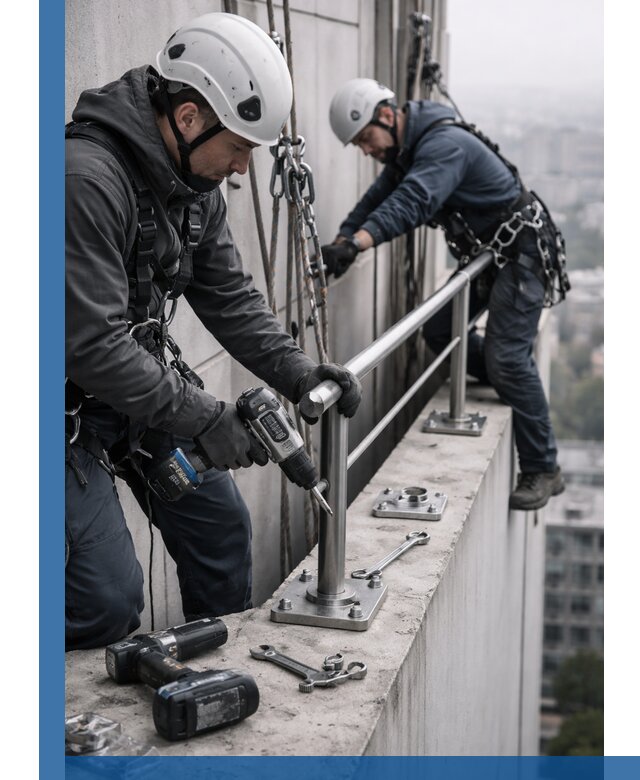 Монтаж перил на высоте в Новосибирске для жилых и промобъектов