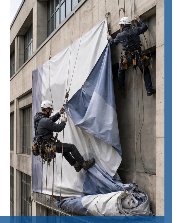 Демонтаж баннеров с фасада в Новосибирске от 4575 р. | ВЫСОТНИК-Нвс