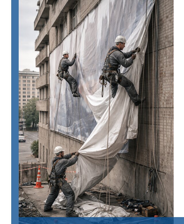Демонтаж баннеров с фасада в Новосибирске оперативно и безопасно