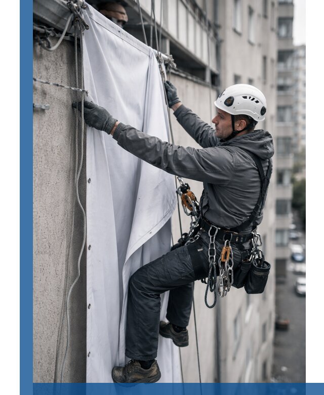 Замена баннерного полотна промышленными альпинистами в Новосибирске