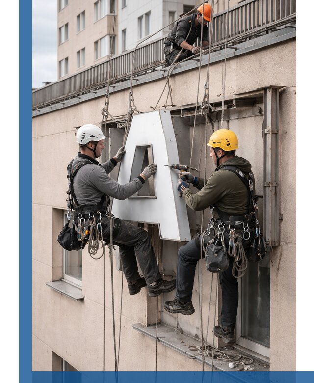 Ремонт и восстановление наружных вывесок на высоте в Новосибирске