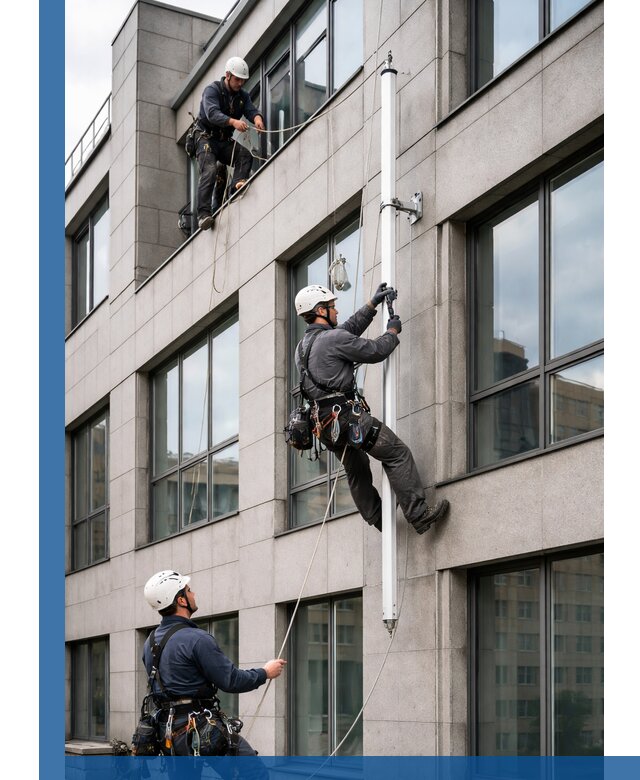 Монтаж флагштока на фасаде здания с креплением и герметикой в Новосибирске