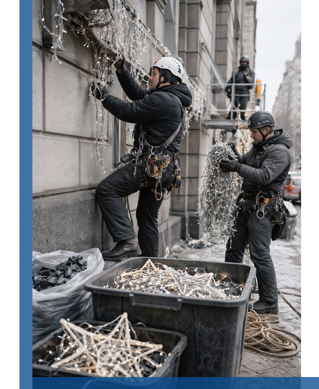 Демонтаж новогоднего оформления и гирлянд в Новосибирске