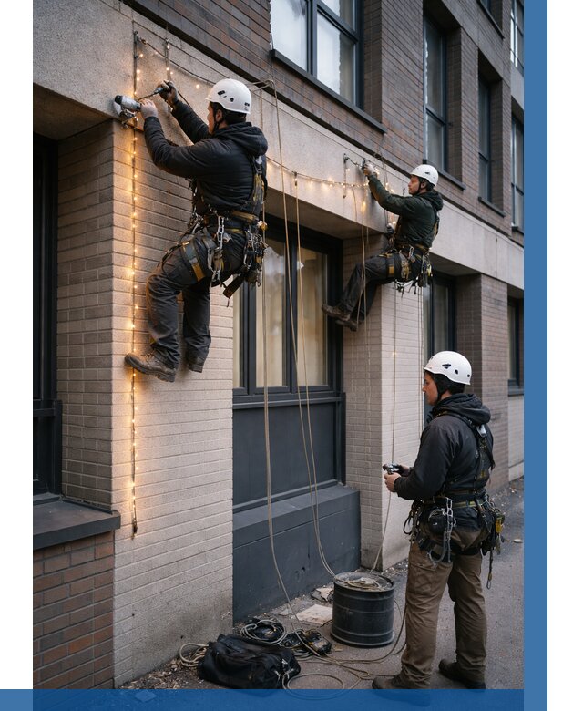 Монтаж гирлянд на фасаде в Новосибирске от 3558 р. | ВЫСОТНИК-Нвс