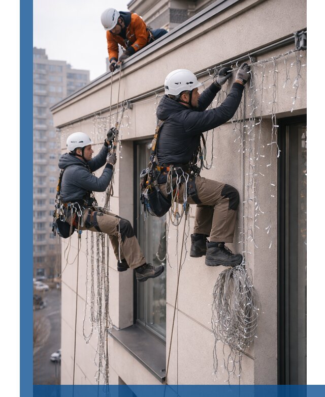 Монтаж праздничных гирлянд на фасаде в Новосибирске для зданий