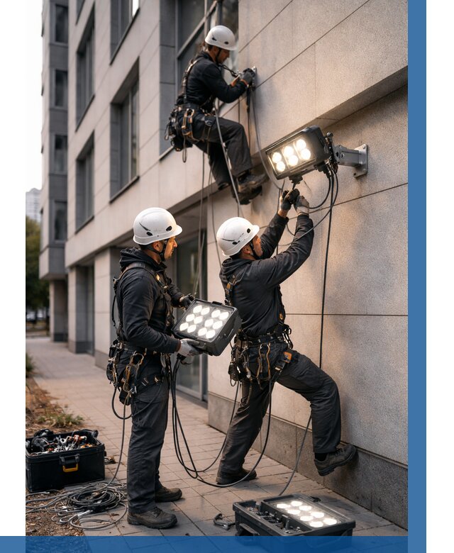 Монтаж прожекторов на фасаде в Новосибирске от 7625 р. | ВЫСОТНИК-Нвс