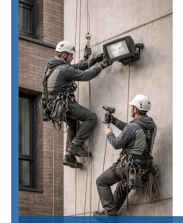 Профессиональный монтаж фасадных прожекторов в Новосибирске под ключ