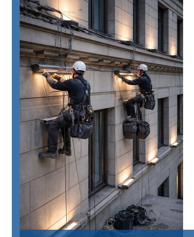 Монтаж архитектурной подсветки фасадов зданий в Новосибирске