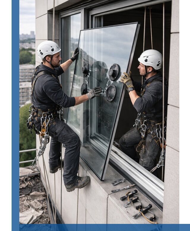 Замена стеклопакетов на высоте с промышленными альпинистами в Новосибирске