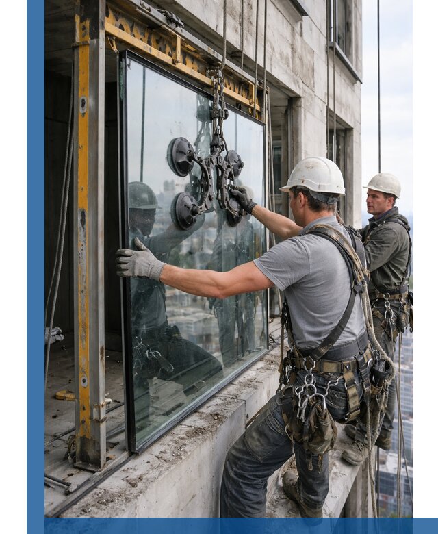 Монтаж стеклопакетов на высоте в Новосибирске с промышленным альпинизмом