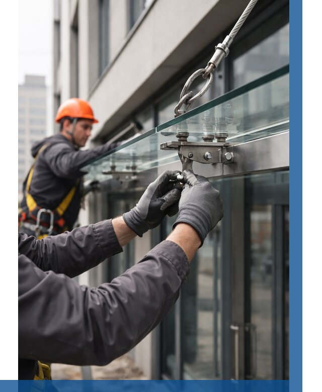 Монтаж стеклянных козырьков в Новосибирске от 8641 р. | ВЫСОТНИК-Нвс