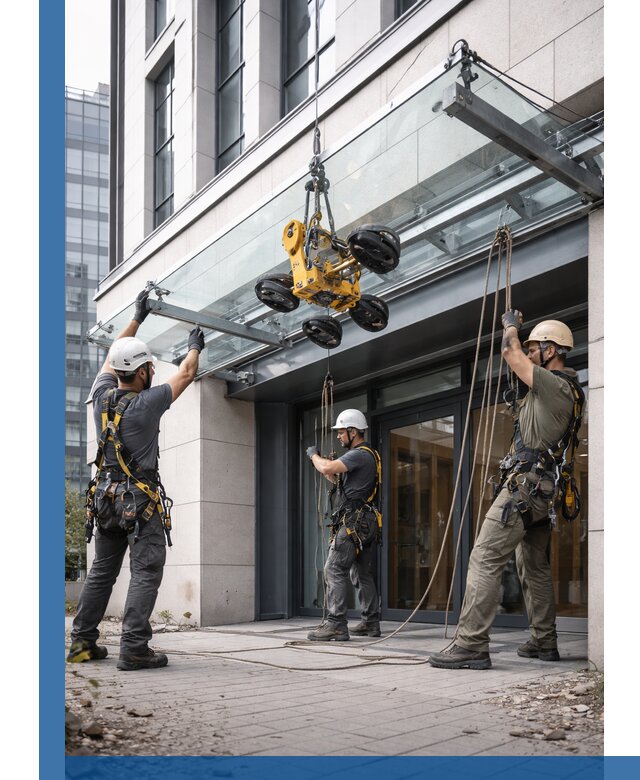 Монтаж стеклянных козырьков под ключ в Новосибирске для зданий