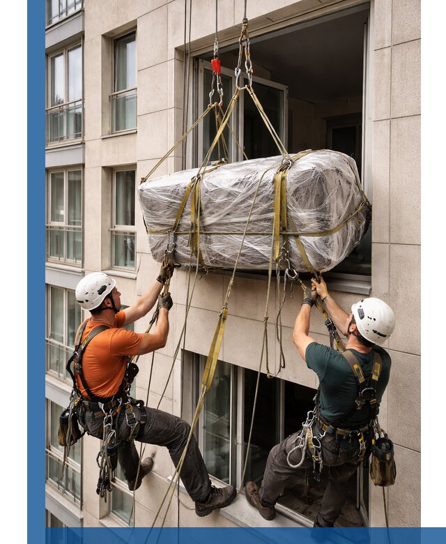 Подъем грузов через окно в Новосибирске промышленными альпинистами