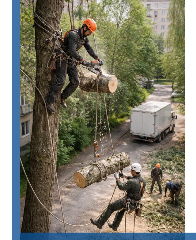 Спил деревьев альпинистами в Новосибирске, безопасно и без повреждений