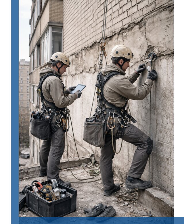 Обследование фасада промышленными альпинистами в Новосибирске