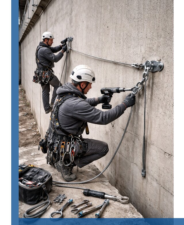 Монтаж анкерных линий высотной безопасности в Новосибирске